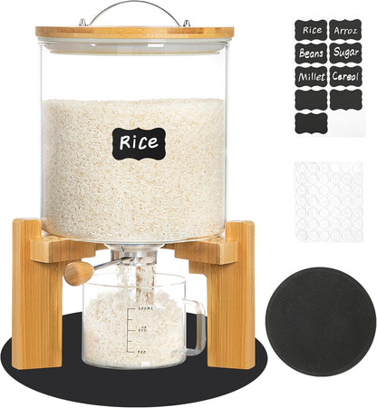5-7 lbs Glass Rice Dispenser with Wooden Stand Flour and Cereal Container with Glass Measuring Cup & Labels & Slider mat Pantry Food Organization Storage Bin with Airtight Bamboo Lid, 3L