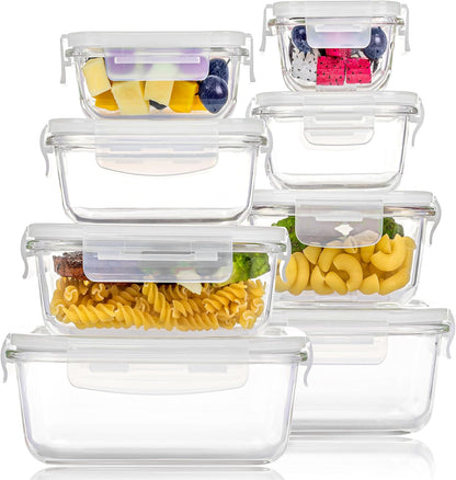 Vtopmart 8 Pack Glass Food Storage Containers with Airtight Lids, Glass Meal Prep Containers, Lunch Office Meal for Microwave, Oven, Freezer and Dishwasher, BPA Free