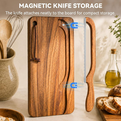 Premium Walnut Bread Cutting Board and Knife Set, Curved Serrated Bread Knife for Homemade Bread, Sourdough Bread Board with Magnetic Knife Storage
