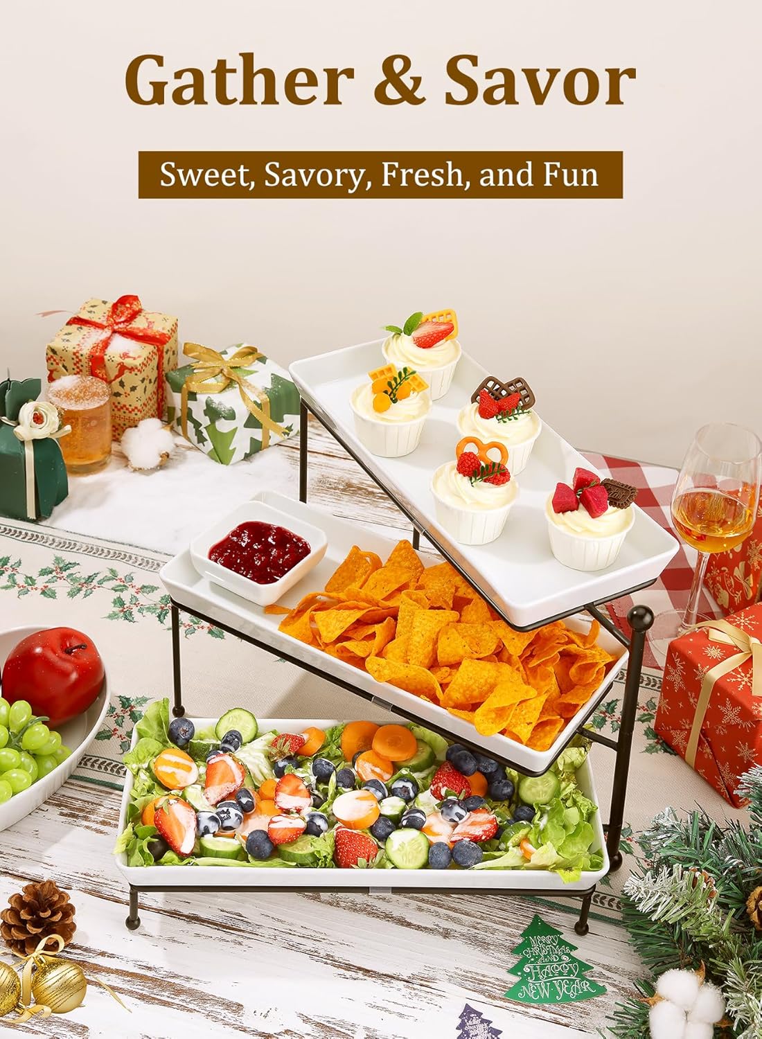 Yedio 3 Tier Serving Trays for Party, Porcelain Serving Platters and Trays, 12 Inch Tiered Tray Stand, Fruit Tray, Trays for Serving Food, White Dessert Stand with Collapsible Sturdier Metal Rack