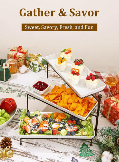 Yedio 3 Tier Serving Trays for Party, Porcelain Serving Platters and Trays, 12 Inch Tiered Tray Stand, Fruit Tray, Trays for Serving Food, White Dessert Stand with Collapsible Sturdier Metal Rack