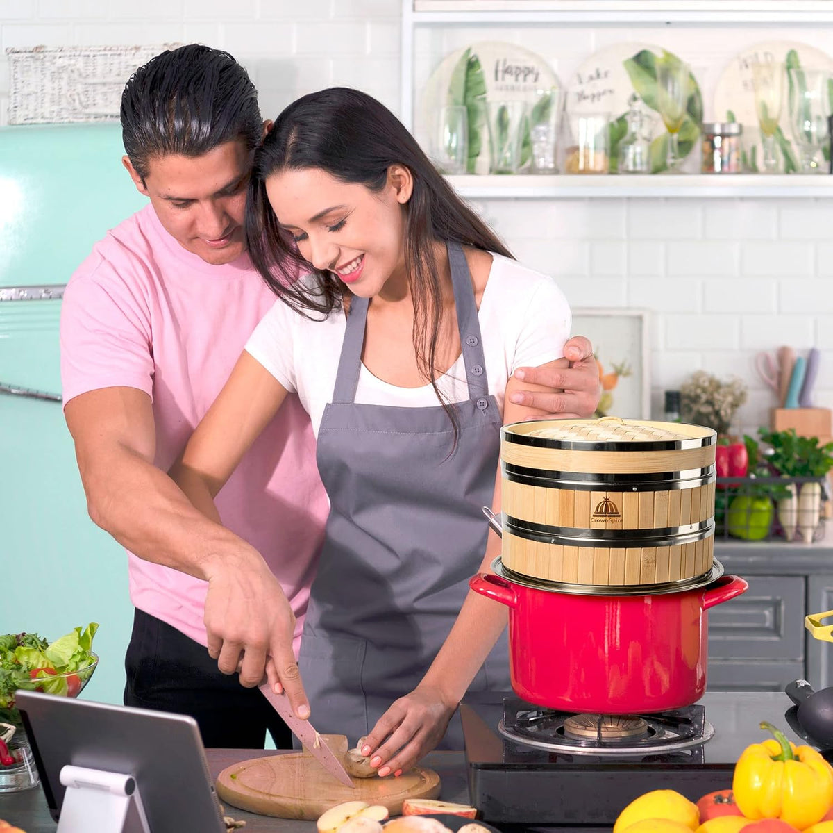 2 Tier Bamboo Steamer | Bamboo Steamer Basket with Reusable Silicone Liner | Food Dim Sum Kit for Cooking Baby Bao Bun, Rice, Vegetable, Fish and Meat