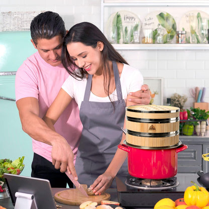 2 Tier Bamboo Steamer | Bamboo Steamer Basket with Reusable Silicone Liner | Food Dim Sum Kit for Cooking Baby Bao Bun, Rice, Vegetable, Fish and Meat