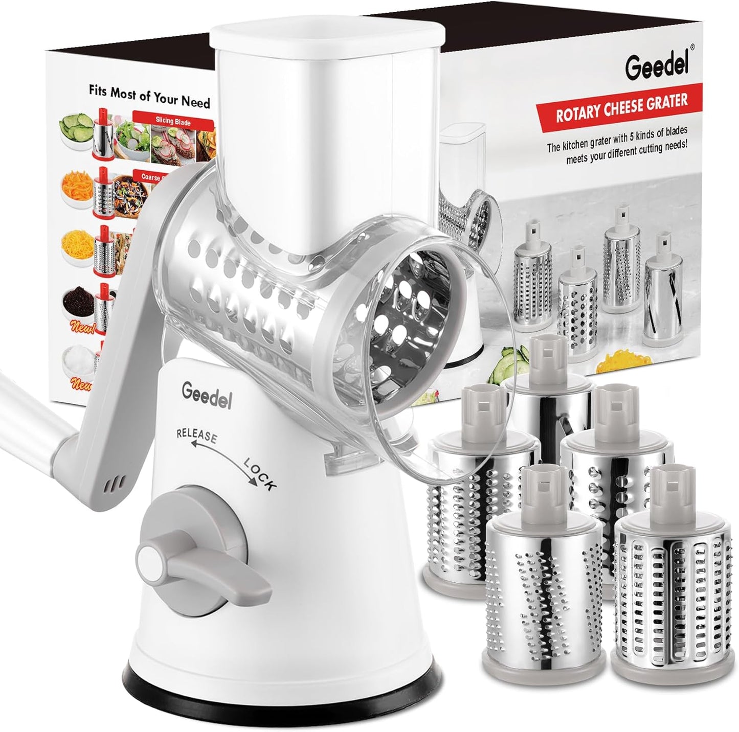 Geedel Rotary Cheese Grater, Kitchen Mandoline Vegetable Slicer with 3 Interchangeable Blades, Easy to Clean Rotary Grater Slicer for Cheese, Vegetables, Nuts