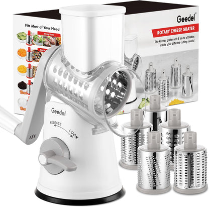 Geedel Rotary Cheese Grater, Kitchen Mandoline Vegetable Slicer with 3 Interchangeable Blades, Easy to Clean Rotary Grater Slicer for Cheese, Vegetables, Nuts