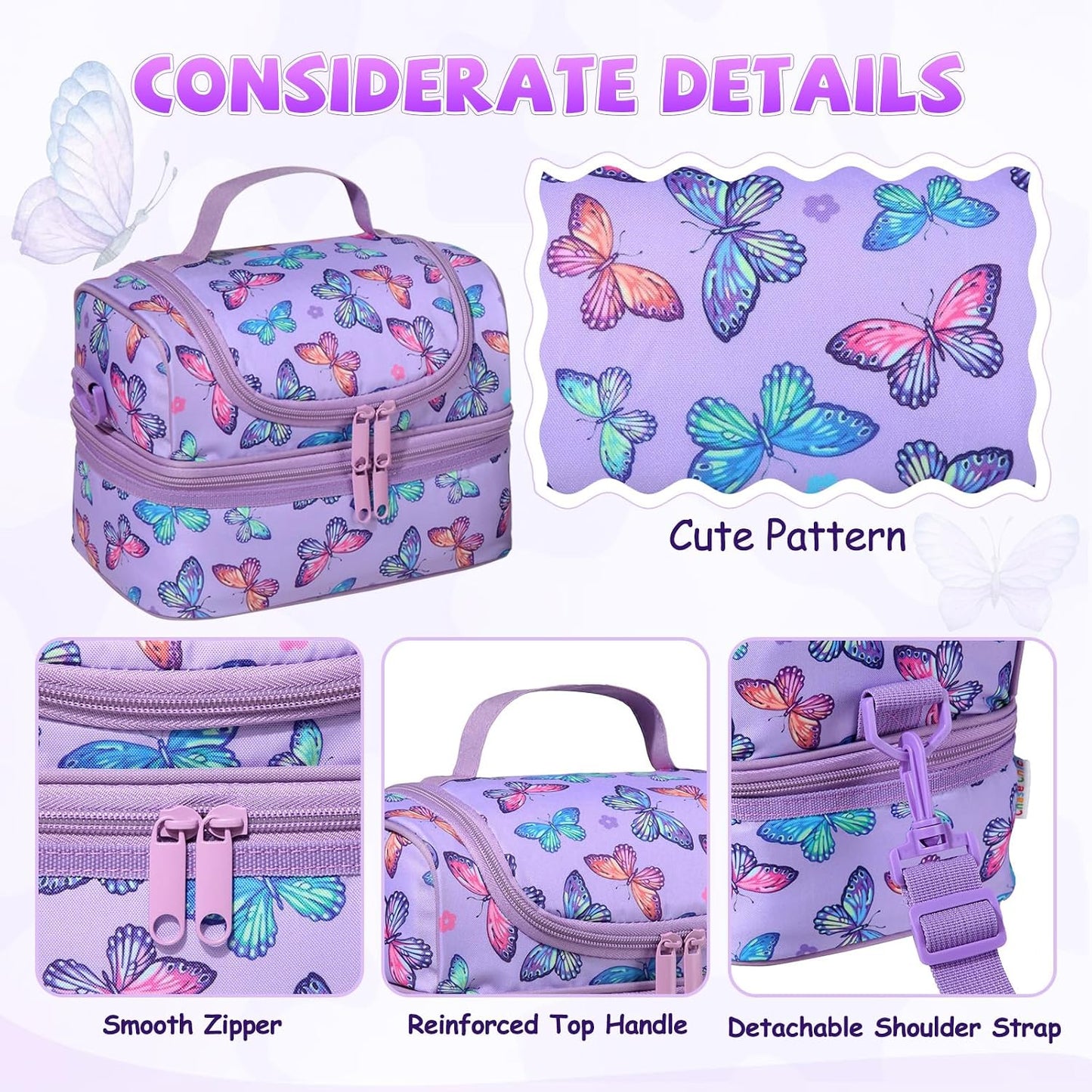 Lunch Bag for Girls,ChaseChic Insulated Lightweight Lunch Boxes for Kids Boys Dual Compartment Lunch Organizer Leak-Proof Cooler Bag with Detachable Adjustable Shoulder Strap,Purple Butterflies