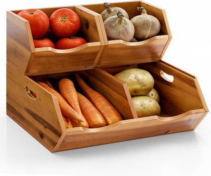 HOLANA Acacia Potato and Onion Storage Bin - Stackable Wooden Storage Bins - Pantry Baskets Organization and Storage - Onion and Potato Storage Bins for Kitchen Storage Organization
