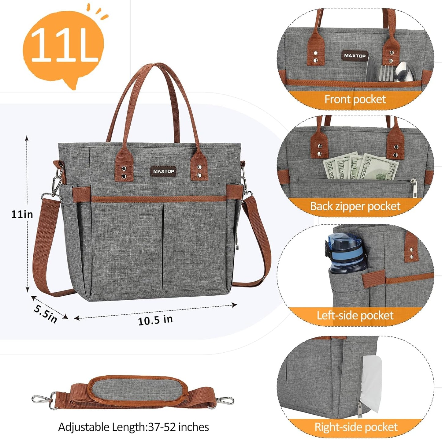 MAXTOP Lunch Bag Women for Work Insulated Thermal Lunch Box for Men with Wide-Open Pocket Reusable Leakproof Cooler Bags with Removable Shoulder Strap for Teacher Nurse Office Picnic Travel Black