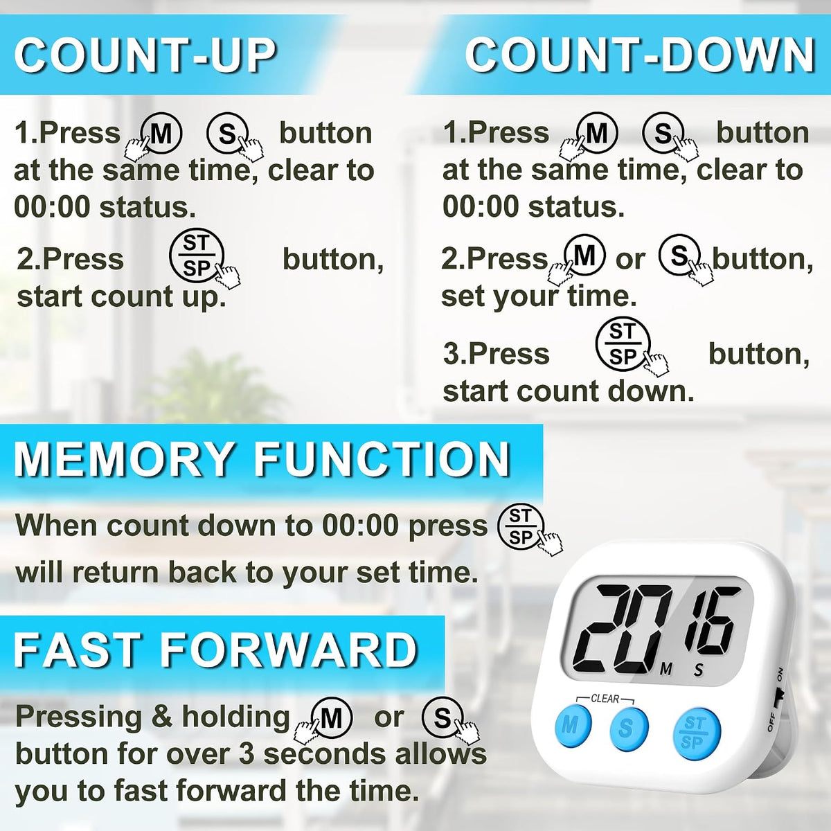 ZILLEEN Classroom Timer for Kids Teachers Digital Timers Blue Green