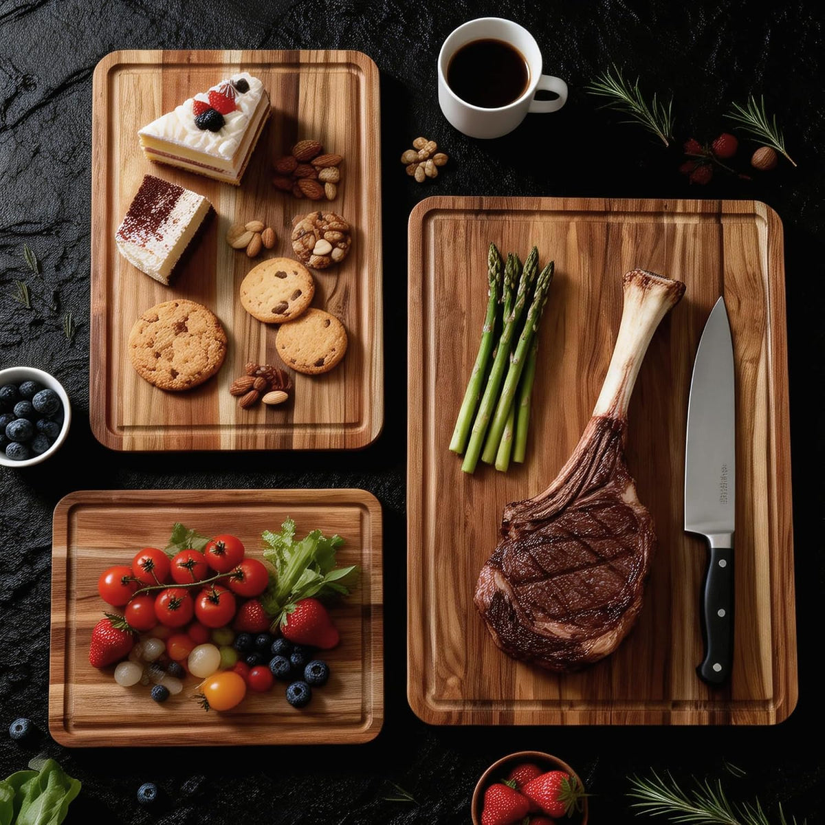 3 Pack Teak Cutting Board Set for Kitchen Wood Charcuterie Board with Juice Groove Wooden Cutting Boards Non Toxic Heavy Duty Slip Over Sink Solid Thick Chopping Board FSC