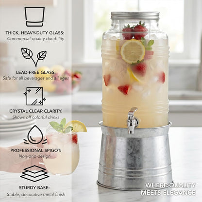 Circleware Breeze Glass Beverage Dispenser with Base Metal Stand Transforms to Ice Bucket, Lid, Fruit Infuser and Ice Insert, Entertainment Kitchen Drinking Glassware, Party, Huge 2.4 Gallons