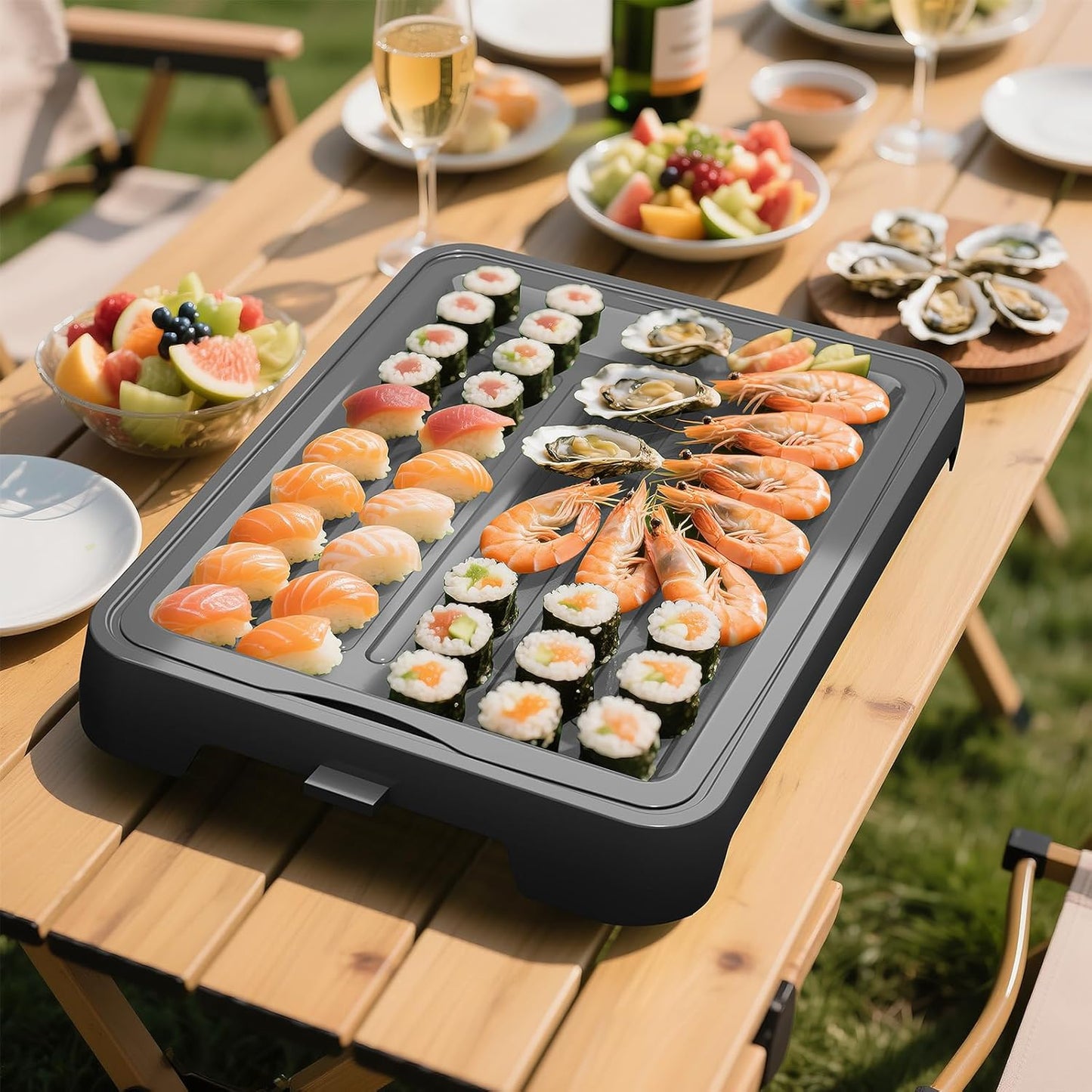 Chilled Portable Serving Tray Platterbox with Reusable Ice Pack with Lid Shrimp Cocktail Serving Dish Platter Cold Food Buffet Server for Appetizer Veggie Fruit Food Parties Outdoor Picnic, Green