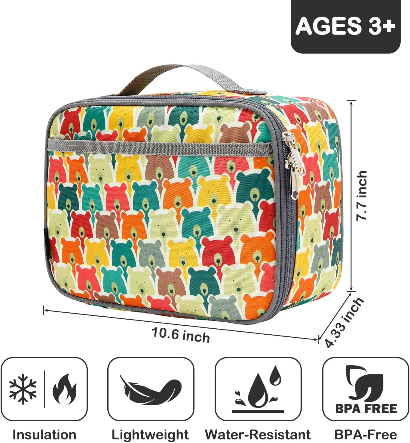 FlowFly Kids Lunch box Insulated Soft Bag Mini Cooler Back to School Thermal Meal Tote Kit for Girls, Boys, Black