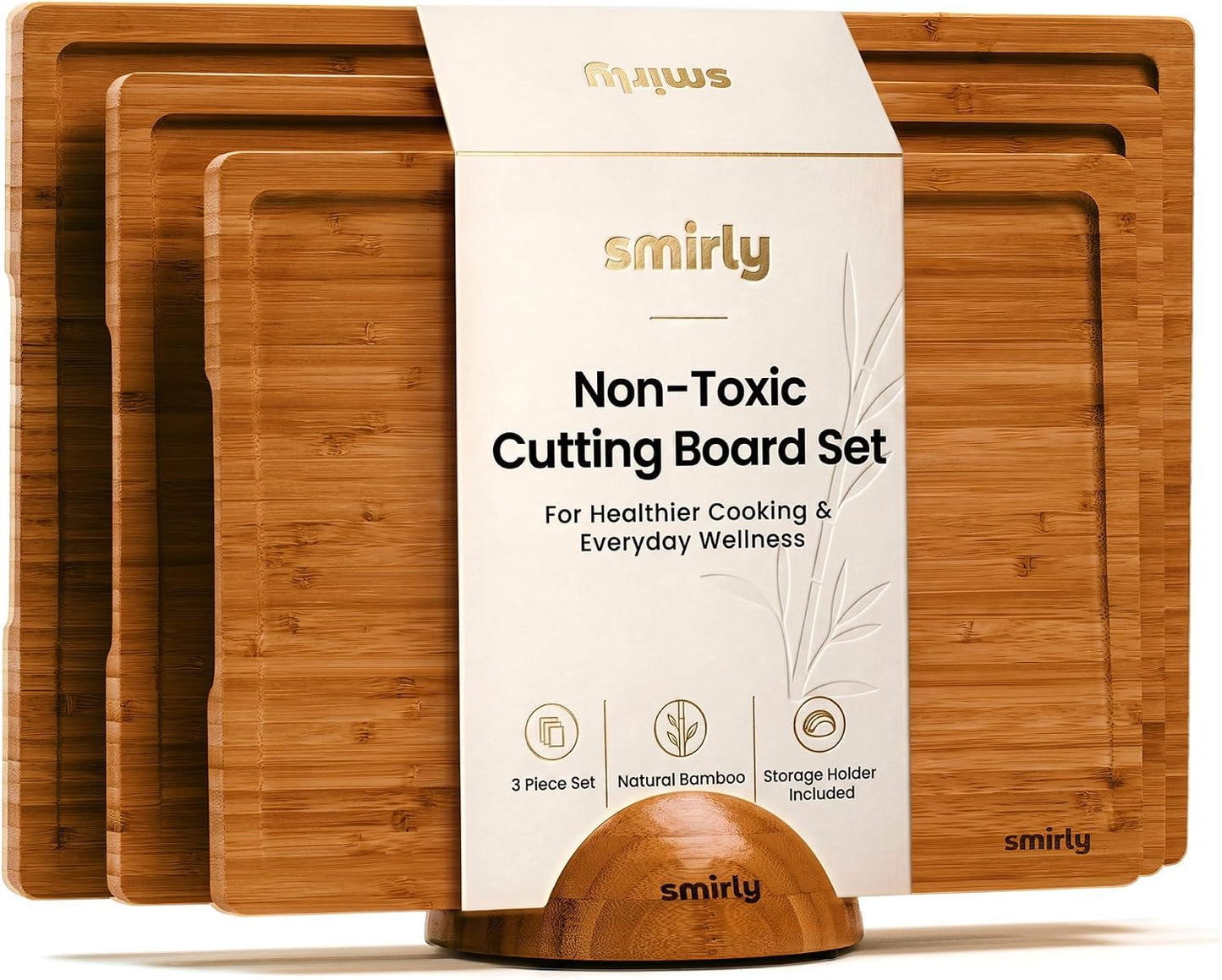 SMIRLY Walnut Cutting Board for Kitchen - Wood Cutting Boards with Handle and Juice Groove for Meal Prep, Serving, Charcuterie - Kitchen Gadgets - Non Toxic Wooden Chopping Board Set of 3 with Holder