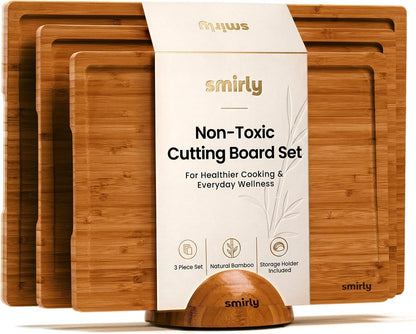 SMIRLY Walnut Cutting Board for Kitchen - Wood Cutting Boards with Handle and Juice Groove for Meal Prep, Serving, Charcuterie - Kitchen Gadgets - Non Toxic Wooden Chopping Board Set of 3 with Holder