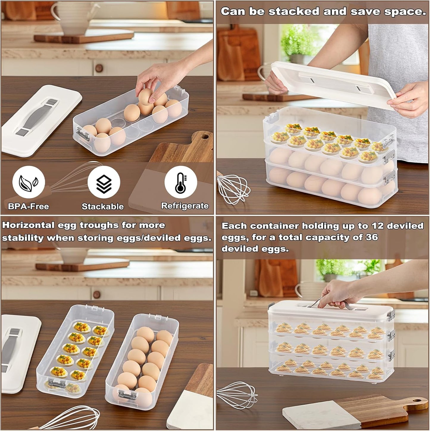 BSTKEY Deviled Egg Containers with Lid, 3 Layer Deviled Egg Platter Carrier Trays for 36 Eggs, Fridge Stackable Portable Egg Holder with Handle for Home Kitchen Party Easter Picnic