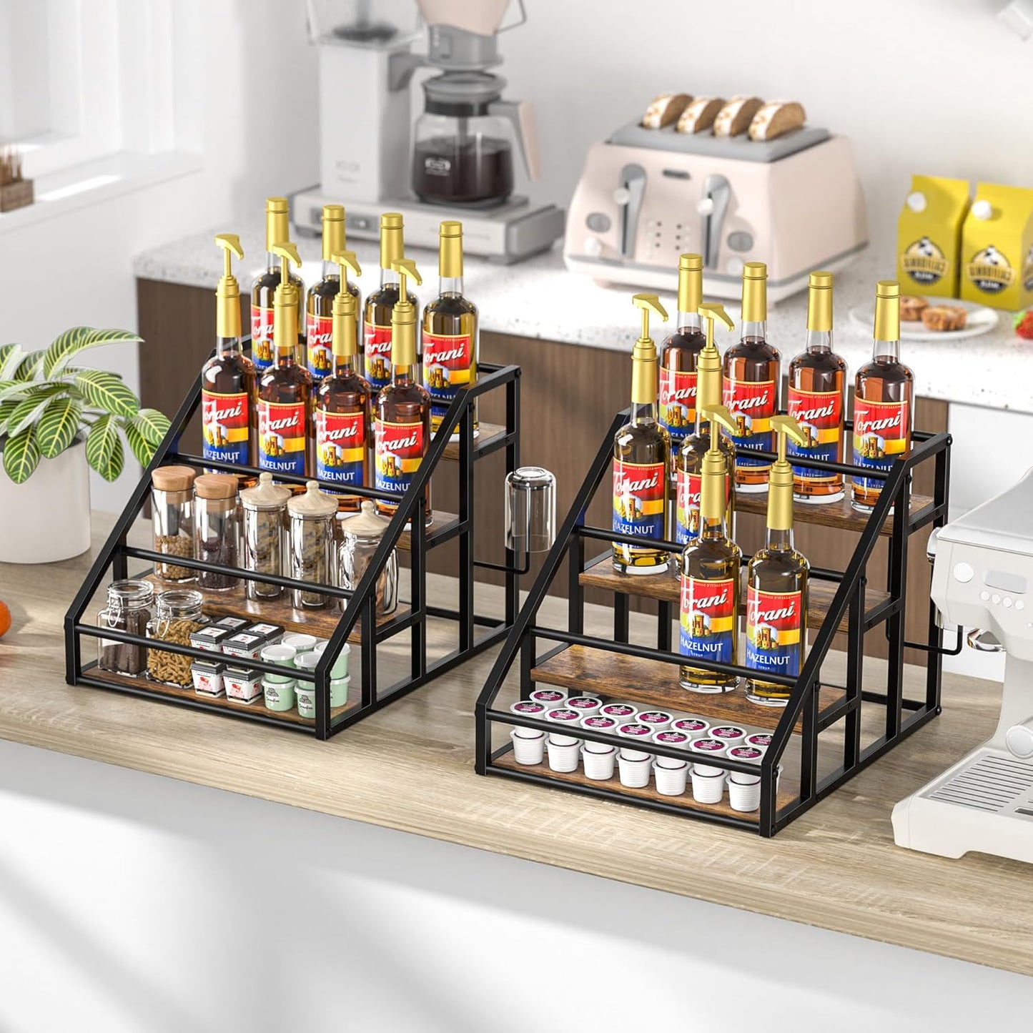 Coffee Syrup Rack Organizer, Spice Racks, Syrup Bottle Holder Stand for Coffee Bar, 3-Tier 12 Bottles Storage Shelves for Syrup, Wine, Dressing for Kitchen Countertop, Rustic Brown & Black