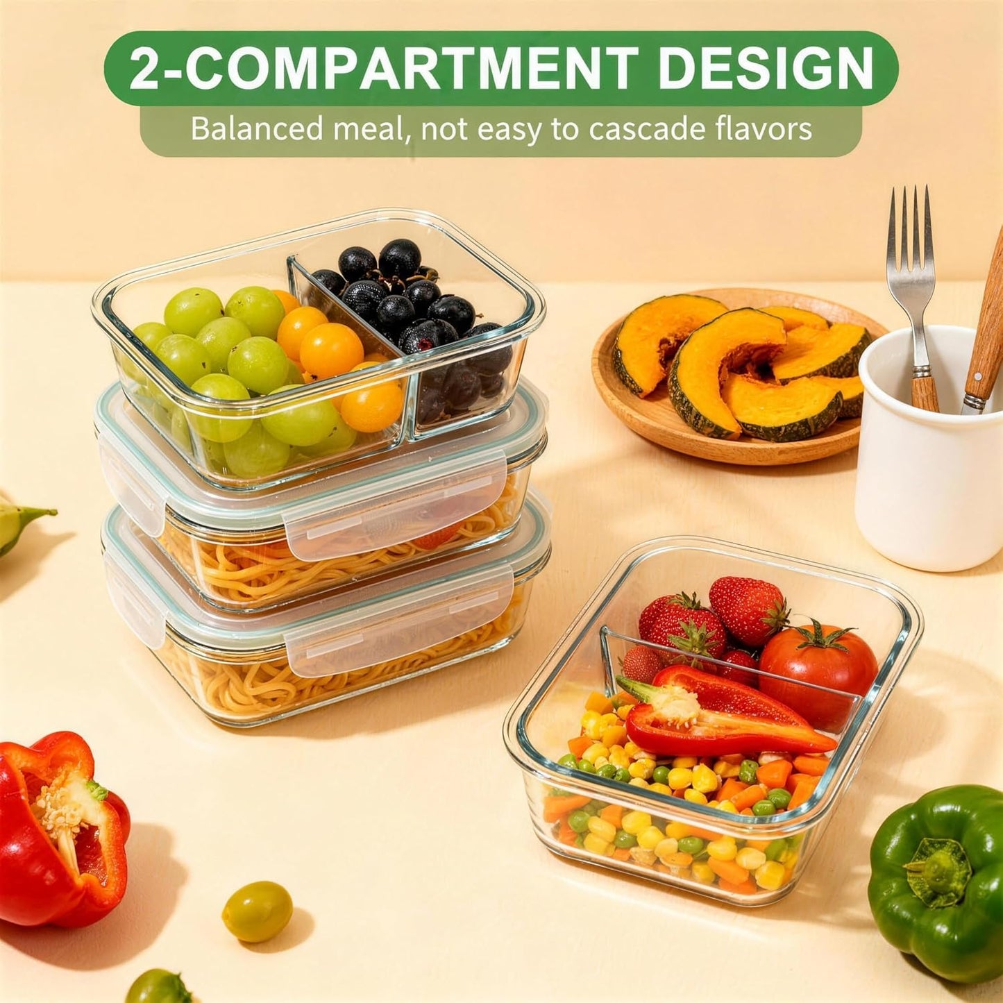 Glass Meal Prep Containers 5 Pack - Lunch Boxes with Leakproof Lids, Food Storage Containers, Bento Boxes, Gray (3 Compartment)