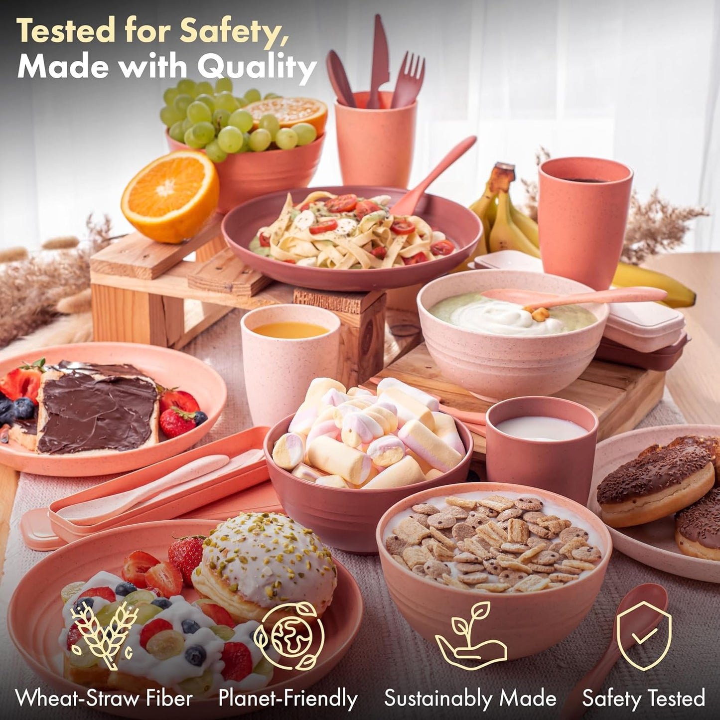 FOODLE Wheat Straw Dinnerware Set - BPA Free & Safety Tested - Microwave & Dishwasher Safe Dishes - Perfect for Camping, Picnic, RV, Dorm - Plates, Cups and Bowls - Great for Kids & Adults - For 4
