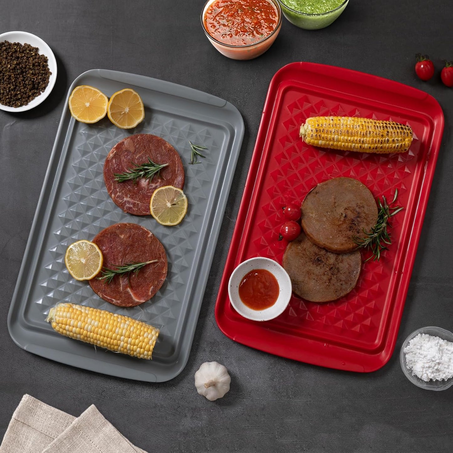 BBQ Tray for Raw Meat Prep and Cooked Food, Grill Prep and Serve Trays, Melamine Serving Trays and Platters for Food, Unbreakable Party Tray, Set of 2, Black and Red