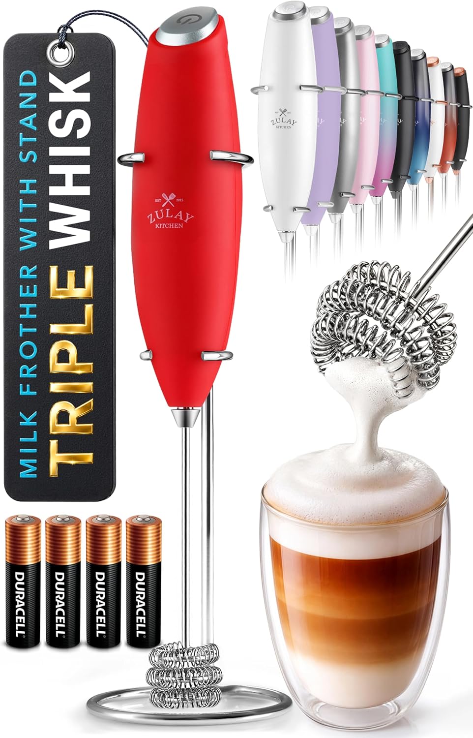 Zulay Kitchen Rechargeable Milk Frother Handheld - Frother Wand, Drink Mixer, Electric Whisk Frother, for Cappuccinos, Matcha & Protein Powder - Dynamic 3 Whisk, 3 Speed 500mAh Black - Colors C