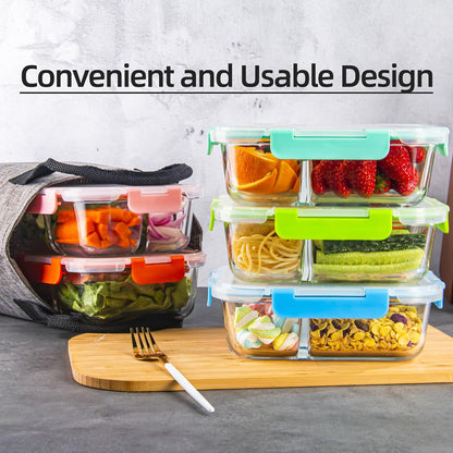5 Pack Glass Meal Prep Containers 3 Compartment with Lids, Divided Glass Storage Containers with Silicone Sleeve for Lunch, Leak-Proof Portion Control Food Containers, Dishwasher Safe, 34 oz