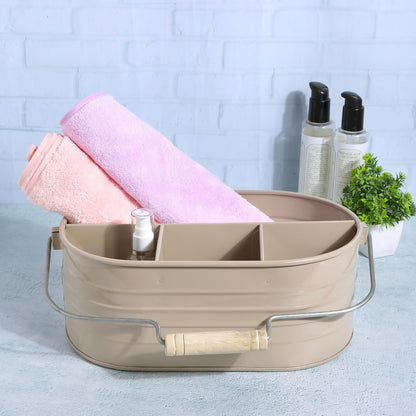 Alpha Living Home Galvanized Metal Utensil Caddy - Rustic Farmhouse Organizer Metal Garden Caddy with 4 Compartments and Wooden Handle for Kitchen, Buffet & Outdoor Events (Silver)