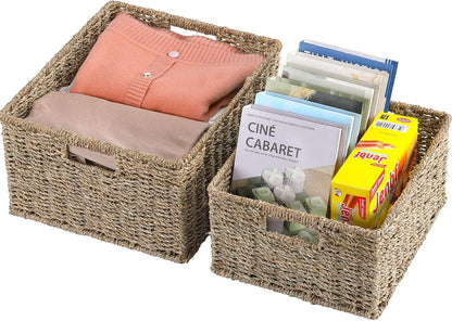 HOONEX Water Hyacinth Storage Baskets, Wicker Baskets for Storage, Hand Woven Baskets with Carry Handles, Set of 2, Natural
