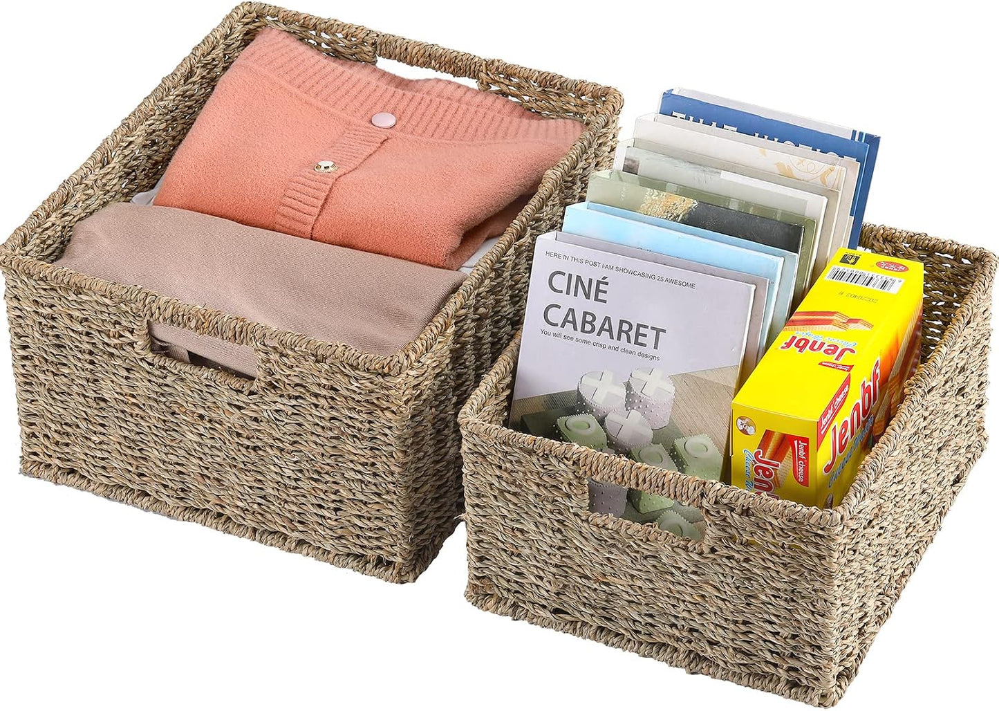 HOONEX Water Hyacinth Storage Baskets, Wicker Baskets for Storage, Hand Woven Baskets with Carry Handles, Set of 2, Natural