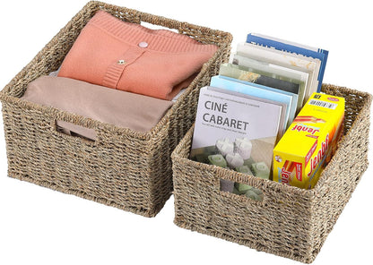 HOONEX Water Hyacinth Storage Baskets, Wicker Baskets for Storage, Hand Woven Baskets with Carry Handles, Set of 2, Natural
