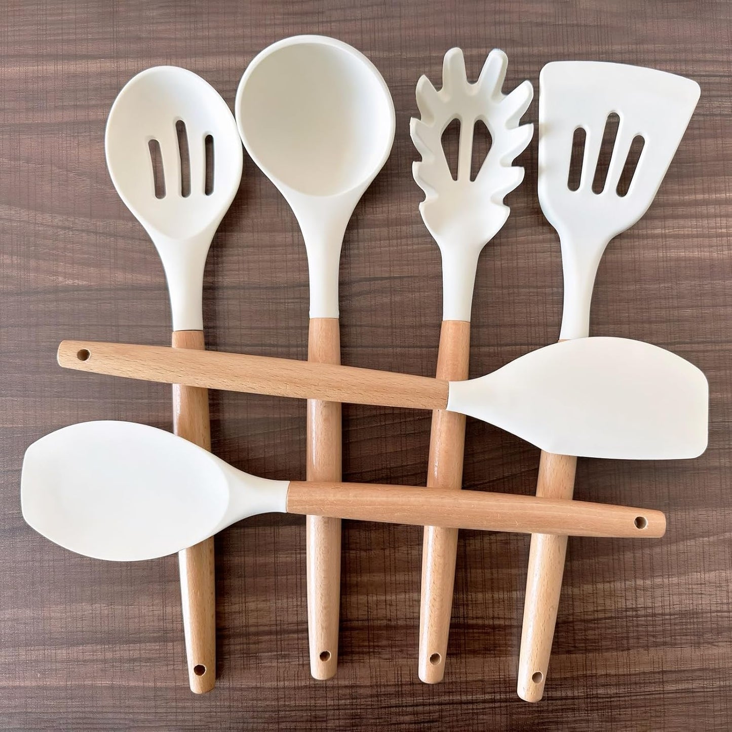 Kitchen Cooking Utensils Set, 6Pcs Silicone Kitchen Utensils Set Spatula Spoon Soup Ladle Turner, Heat Resistant Wooden Handle Silicone Cooking Gadgets for Nonstick Cookware & Baking BPA FREE