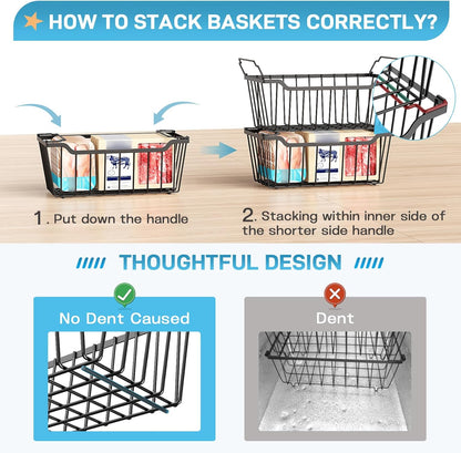 SUNALLY Freezer Organizer Bins, 8 Pack Chest Freezer Organizer Stackable for 5-7 Cu.FT Deep Freezer Sort Frozen Meats and Food, Freezer Storage Baskets with Handles Easy Reach from Bottom, White