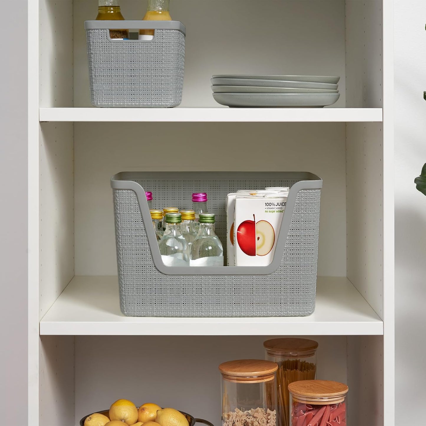 Curver Set of 4 Large 18L Easy Access Jute Decorative Plastic Organization and Storage Baskets - Perfect Bins for Home Office, Closet Shelves, Kitchen Pantry and All Bedroom Essentials, Black