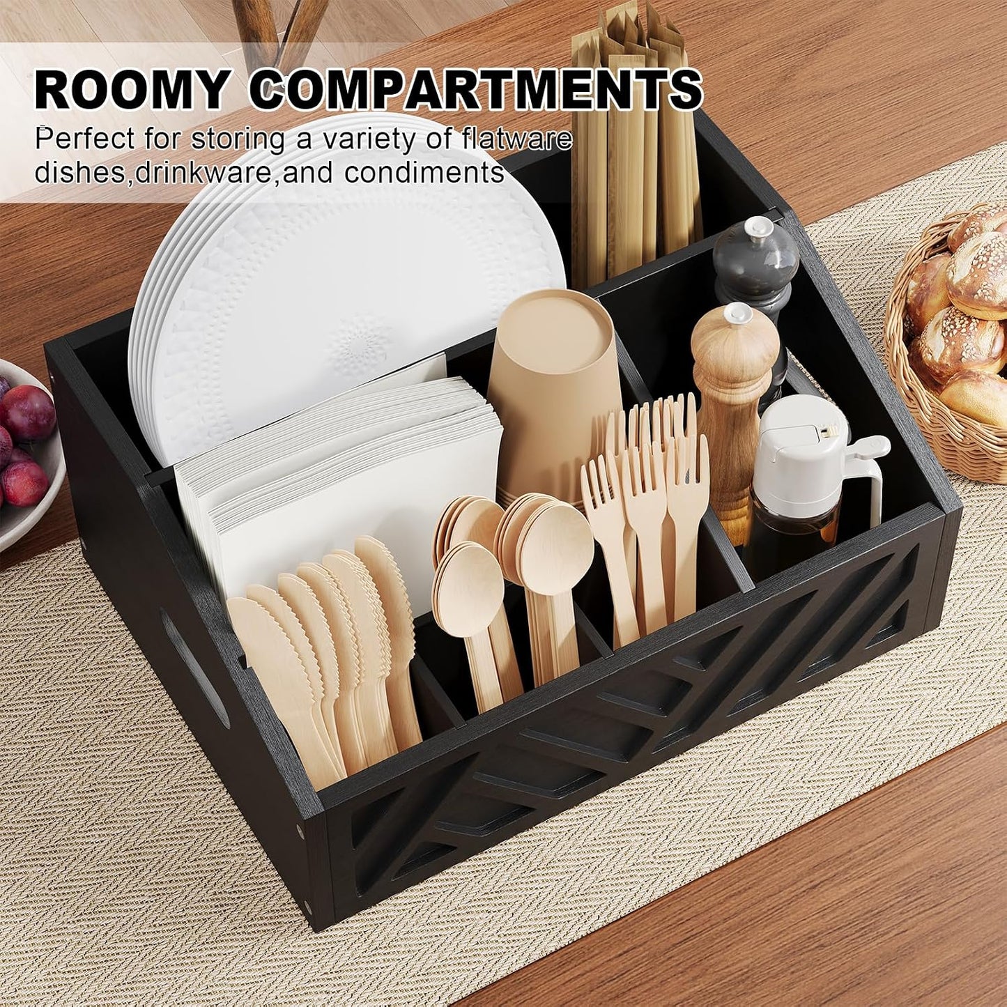 Paper Plate Dispenser for Party, Wood Outdoor Utensil Caddy for Parties, Paper Plate Holders Organizer for Countertop, Black Silverware Holder for Buffet Cutlery, Plates,Flatware, Utensils and Napkins