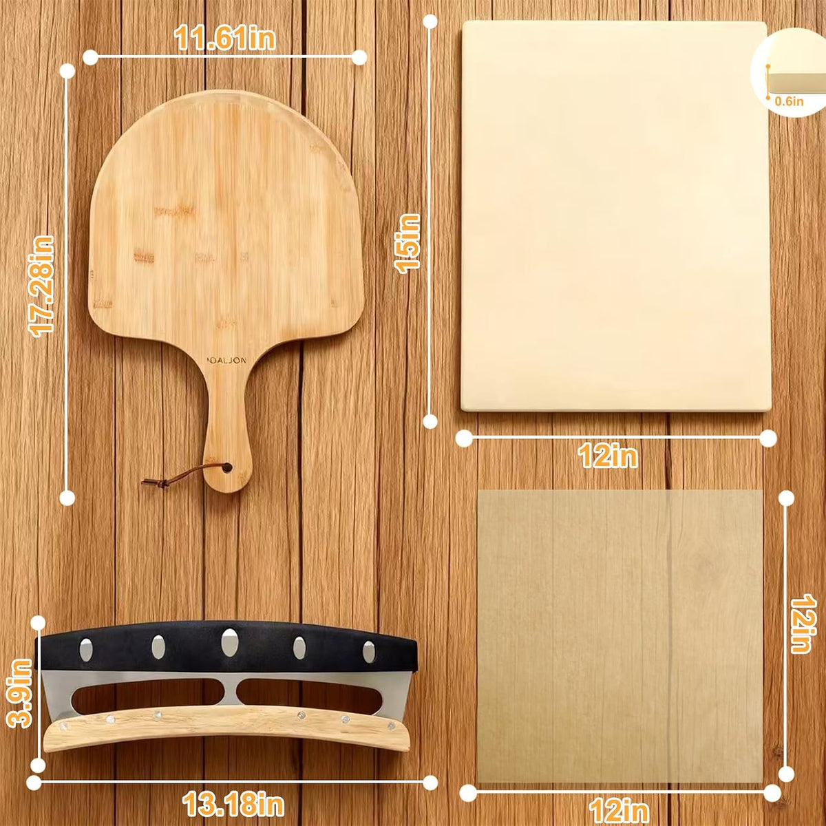 Rectangular Pizza Stone Kits 4PCS 12"x15",Cordierite Baking Stone for Grill & Oven,Cutter Rocker Stainless Steel &10pcs Cooking Paper and Peel Paddle-Durable and Pizza Oven Accessories