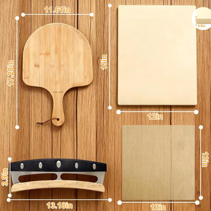 Rectangular Pizza Stone Kits 4PCS 12"x15",Cordierite Baking Stone for Grill & Oven,Cutter Rocker Stainless Steel &10pcs Cooking Paper and Peel Paddle-Durable and Pizza Oven Accessories