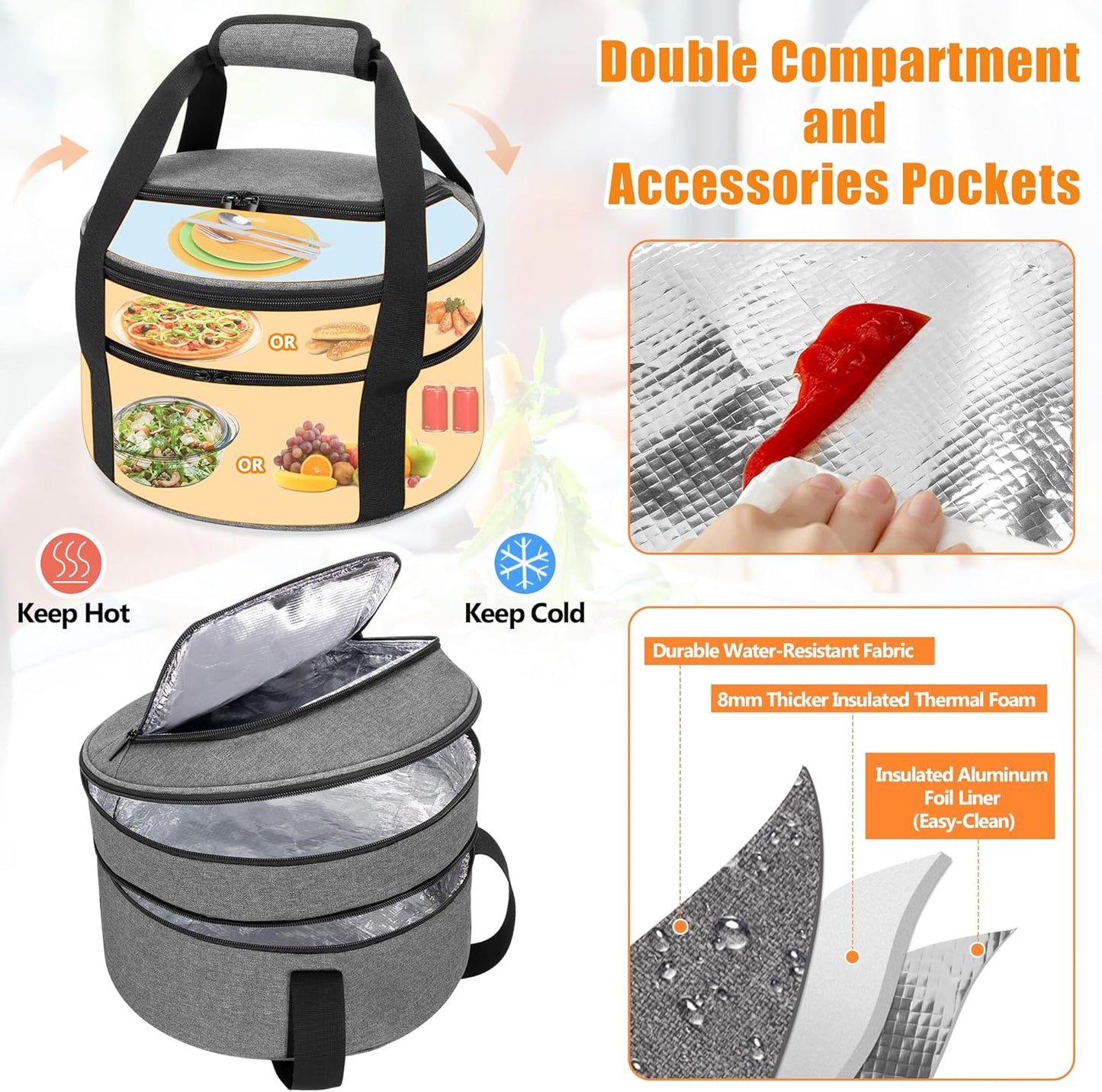 Trunab Insulated Round Casserole Carrier for Hot or Cold Food - Double Decker Pie Carrier for Picnics, Camping & Parties