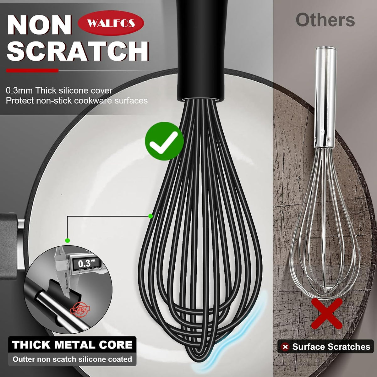 Walfos Silicone Whisk,Stainless Steel Wire Whisk -Heat Resistant 480°F Kitchen Whisks for Non-stick Cookware,Balloon Egg Beater Perfect for Blending,Whisking,Beating,Frothing & Stirring,Black