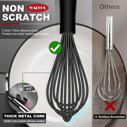 Walfos Silicone Whisk,Stainless Steel Wire Whisk -Heat Resistant 480°F Kitchen Whisks for Non-stick Cookware,Balloon Egg Beater Perfect for Blending,Whisking,Beating,Frothing & Stirring,Black