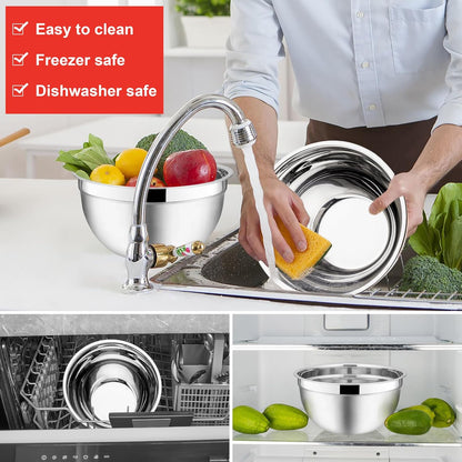 E-far Mixing Bowls With Lids Sets of 5, 10-Piece Stainless Steel Salad Metal Nesting Bowl for Baking Cooking and Prepping, Airtight Lid & Stackable Design, Size 4.6, 3, 2.1, 1.5, 0.7 QT, Black