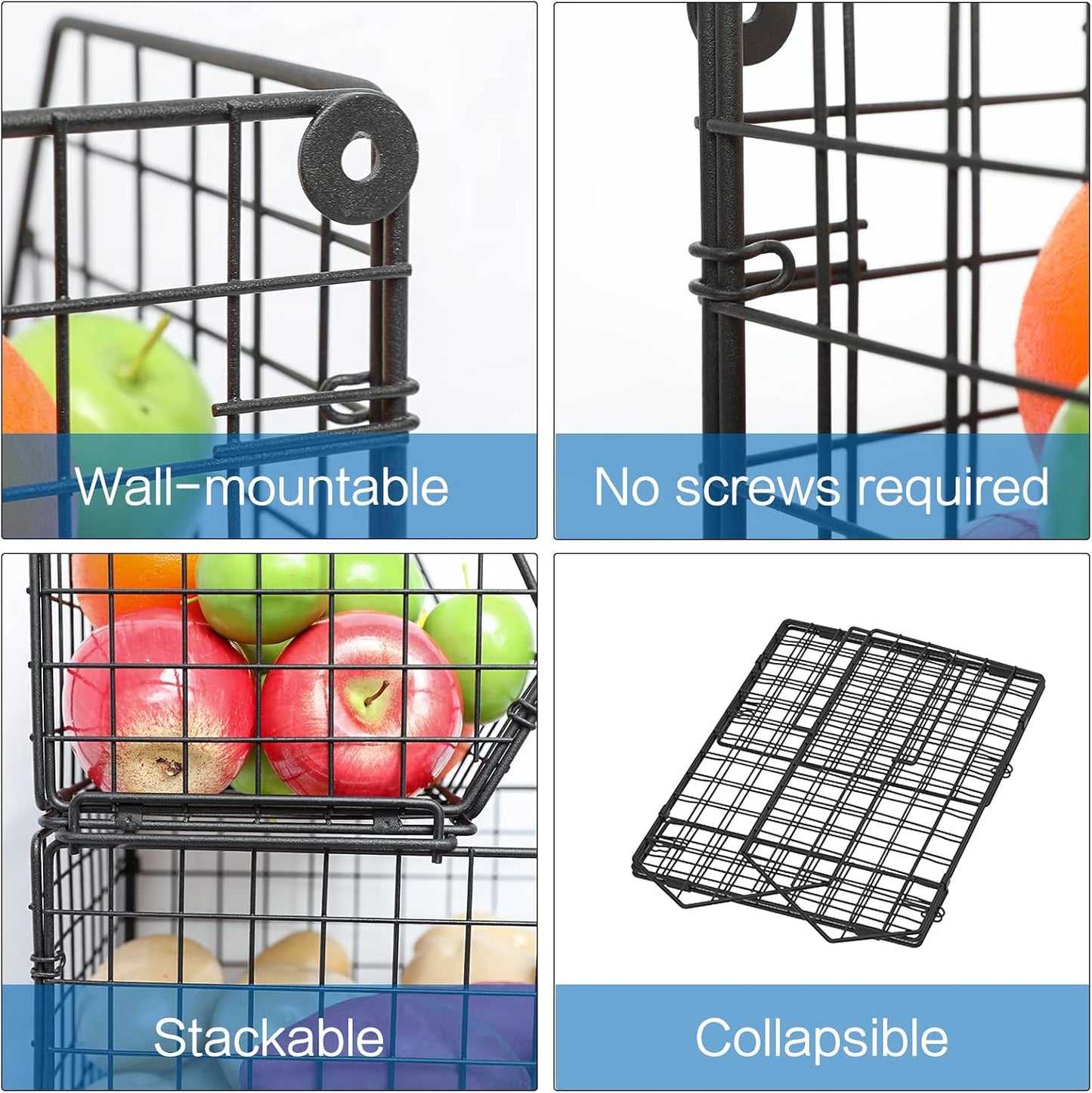 3-Tier Stackable Wire Baskets for Counter, Fruit and Vegetable Storage, Potato and Onion Storage Bin，Kitchen Pantry Organizer - Wall Basket for Produce/Snack/Can, Black