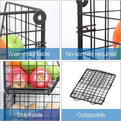 3-Tier Stackable Wire Baskets for Counter, Fruit and Vegetable Storage, Potato and Onion Storage Bin，Kitchen Pantry Organizer - Wall Basket for Produce/Snack/Can, Black