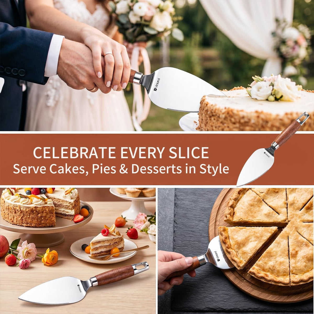 Stainless Steel Serrated Pie Server Spatula – 1 PCS Wooden Non-Slip Easy Grip Cake Cutter and Server, Left & Right Handed Dessert Serving Tool with Hanging Hole for Pies, Pizza, Lasagna, Wedding Cakes