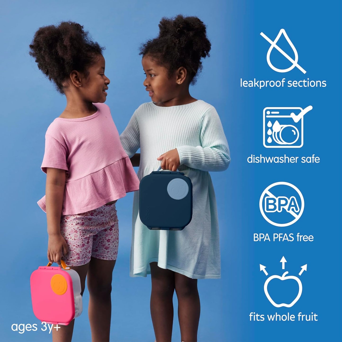 b.box Mini Lunch Box 2-Pack, Leak Proof Bento Box for Kids, 3 Compartment Snack Containers Ages 3+, Lunchbox for Daycare + School, Dishwasher Safe, BPA-Free, PFAS-Free, 4.25 Cup - Blue + Green