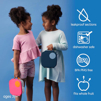 b.box Mini Lunch Box 2-Pack, Leak Proof Bento Box for Kids, 3 Compartment Snack Containers Ages 3+, Lunchbox for Daycare + School, Dishwasher Safe, BPA-Free, PFAS-Free, 4.25 Cup - Blue + Green