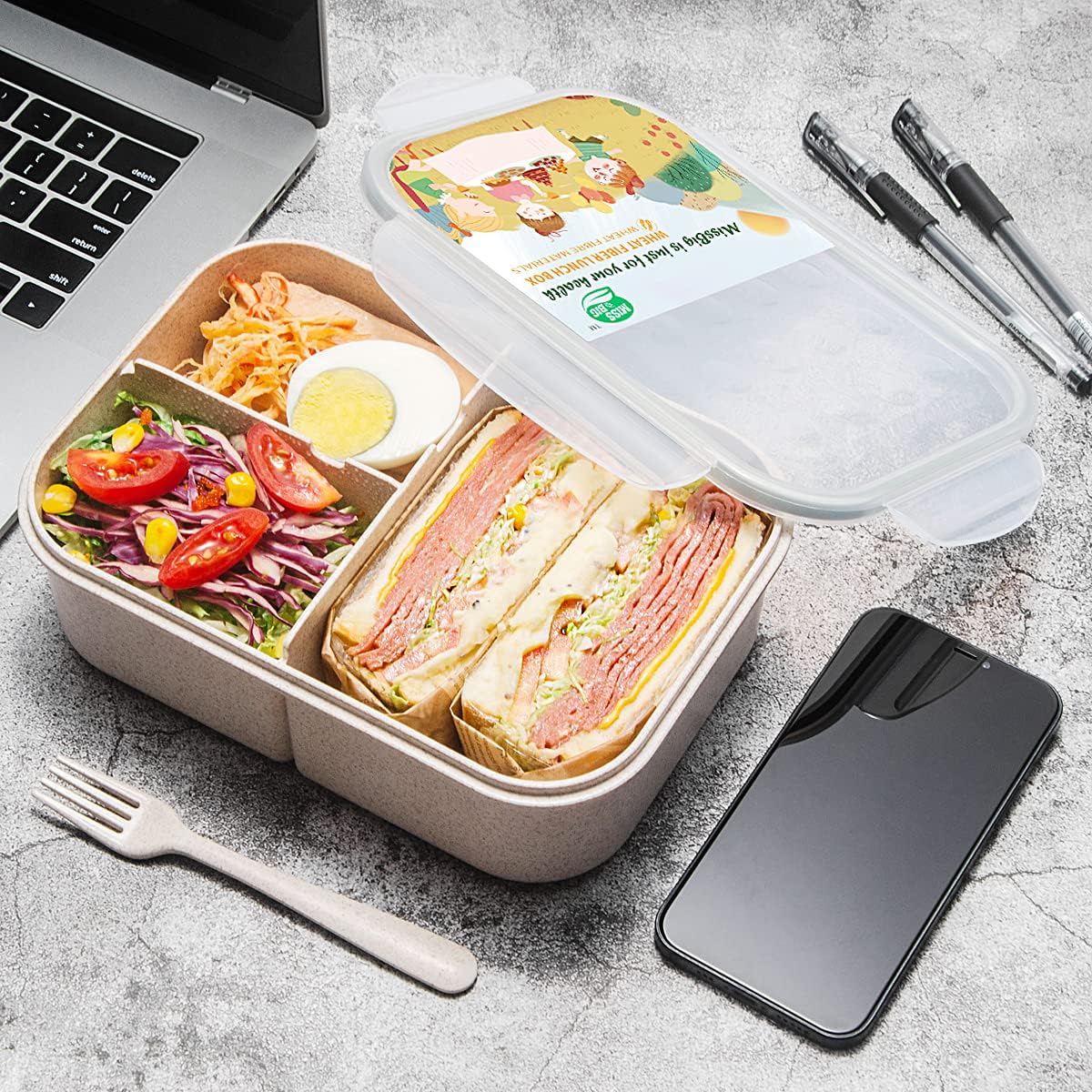 MISS BIG® Bento Box,Bento Box Adult,Lunch Box,Leak Proof Lunch Containers,No BPAs and No Chemical Dyes Bento Lunch Box,Dishwasher and Microwave Safe Lunch Containers for Adults(1900ml Gray)