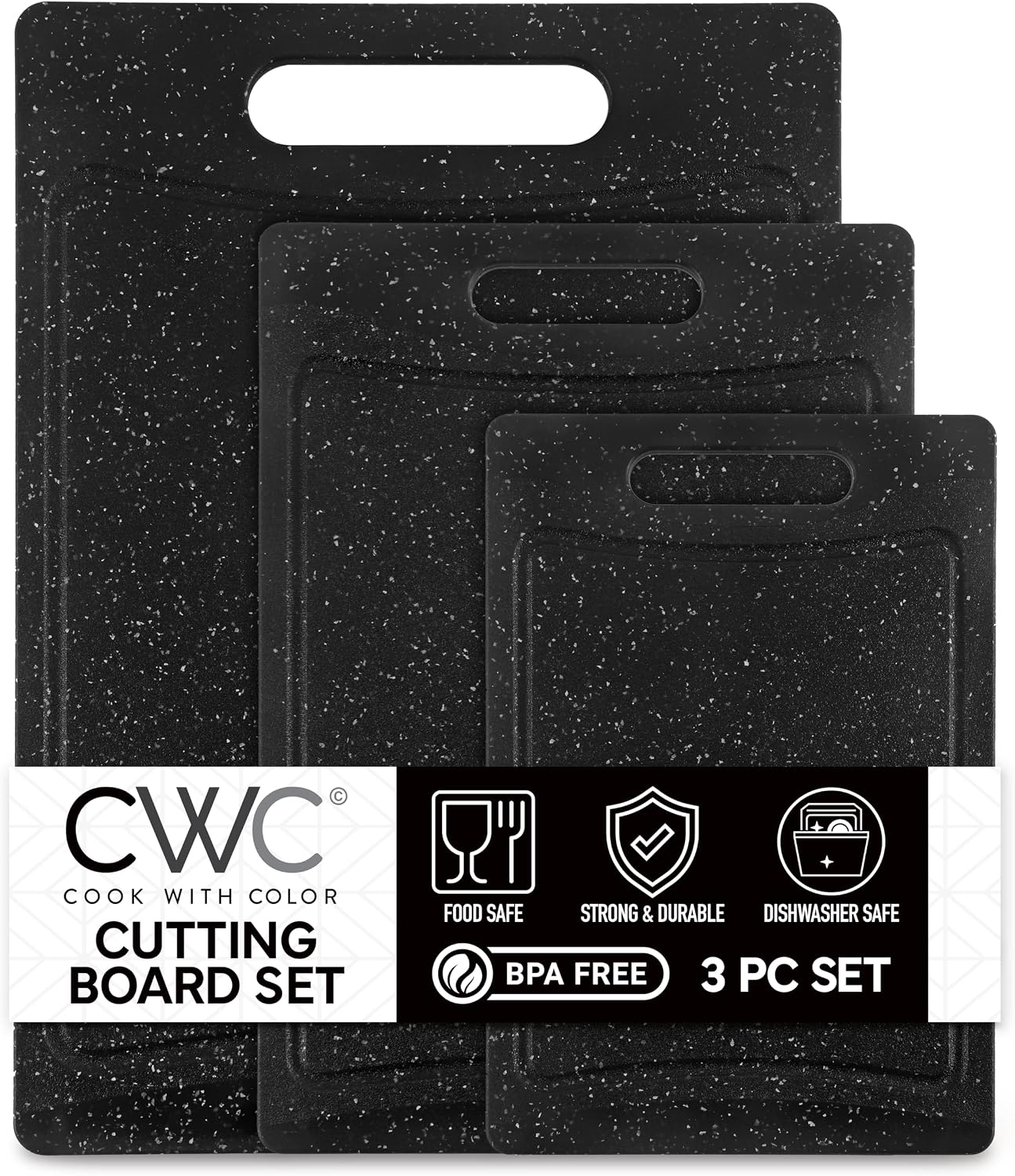 COOK WITH COLOR Non-Slip Cutting Board Set – Kitchen Essentials with Easy Grip Handle for Meat, Veggies, and Fruits, 3 Cutting Boards, Speckled White