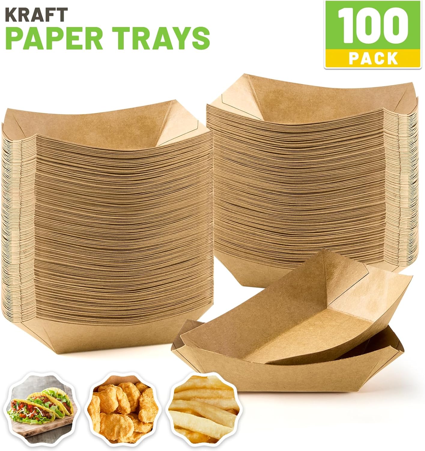 ZORRITA 2 Lb Paper Food Trays - 100 Pack Disposable Nacho Trays Brown Food Boats Take Out Basket Holders for Serving Party Snacks Hot Dogs Tacos Fries
