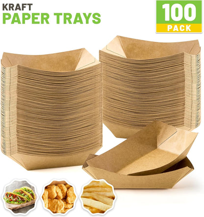 ZORRITA 2 Lb Paper Food Trays - 100 Pack Disposable Nacho Trays Brown Food Boats Take Out Basket Holders for Serving Party Snacks Hot Dogs Tacos Fries