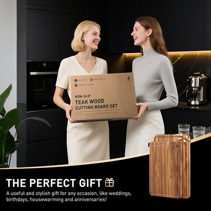4 Pack Teak Wood Cutting Board Set for Kitchen Heavy Duty Non Toxic Non Slip Solid Thick Wood Haus Chopping Board Extra Large Big Small Meat Best Essential House Warming Hostess Host Gift